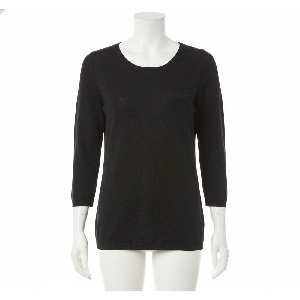 Garnet Hill Black Cashmere Knit Pocket Sweater Medium 3/4 Sleeve Minimalist